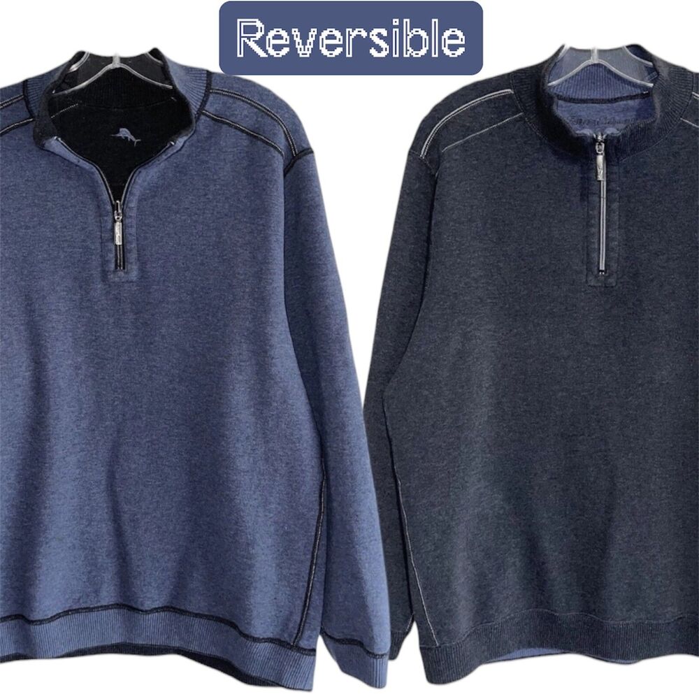 Tommy Bahama Blue Gray Reversible Pullover 1/4 Zip Size L Mens Shirt Long Sleeve